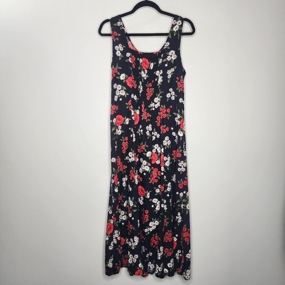 Vintage Floral Sleeveless Dark Navy Button Up Midi Dress - Picture 2 of 7